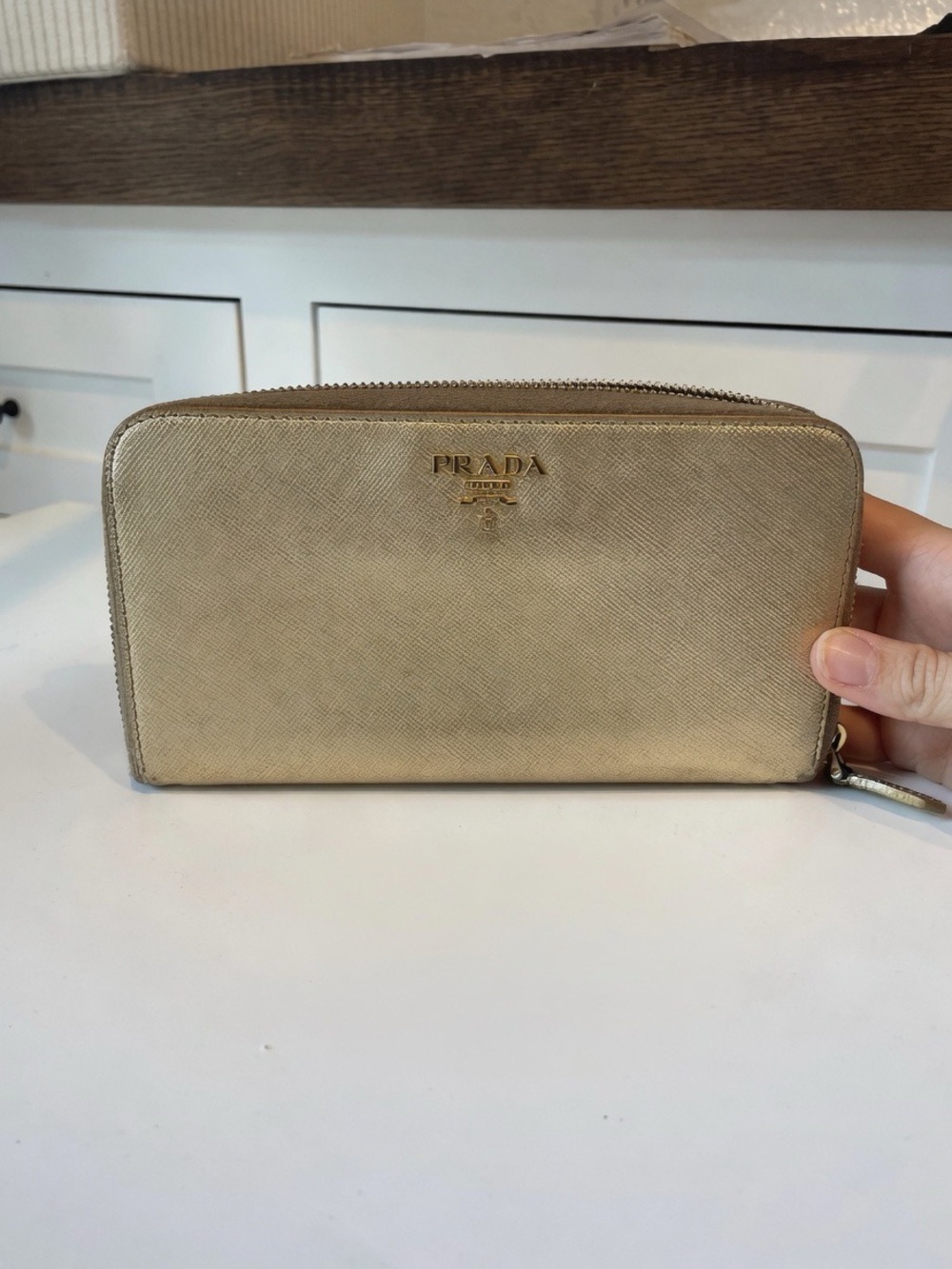 Prada Gold Vela Saffiano Leather Zip Around Wallet
